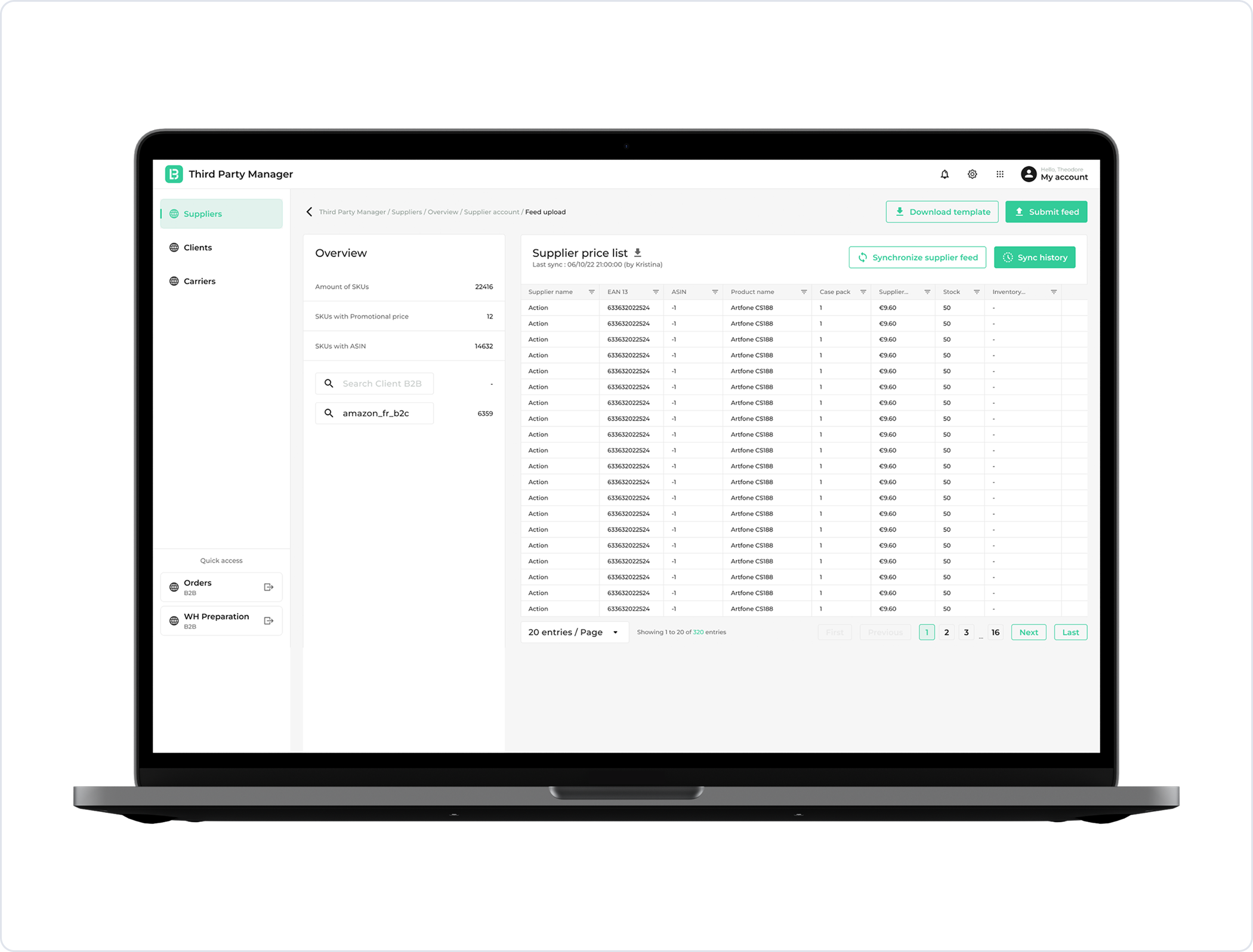 Suppliers management interface.